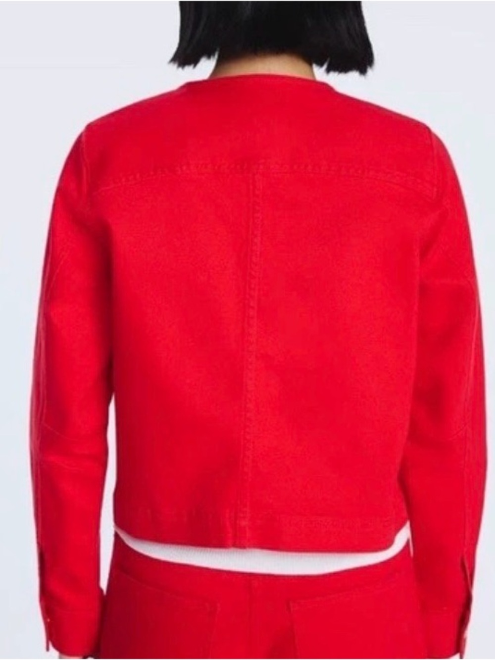 NEW Free Assembly Collarless Red Gold Button Short Denim Jacket - Picture 3 of 8